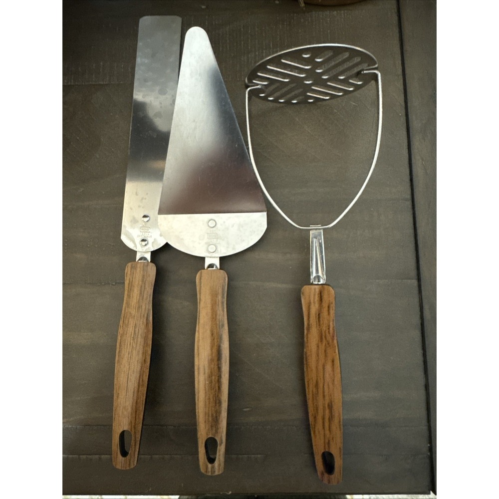 VTG Ekco USA Utensils Faux Wooden Handles Stainless Steel Pie, Cake, Potato Mash